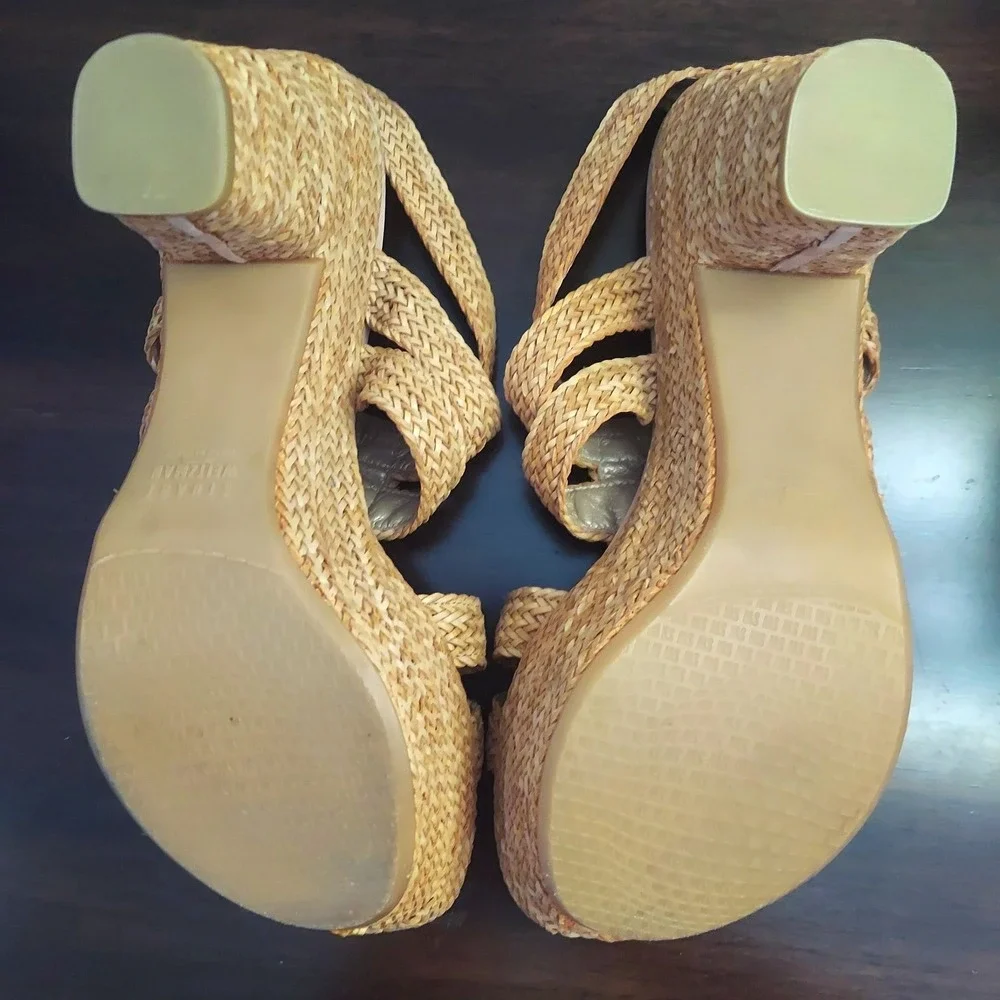 Stuart Weitzman Bohemian Tan Woven Raffia Wedge Resortwear Sandals Womens 8.5 M
